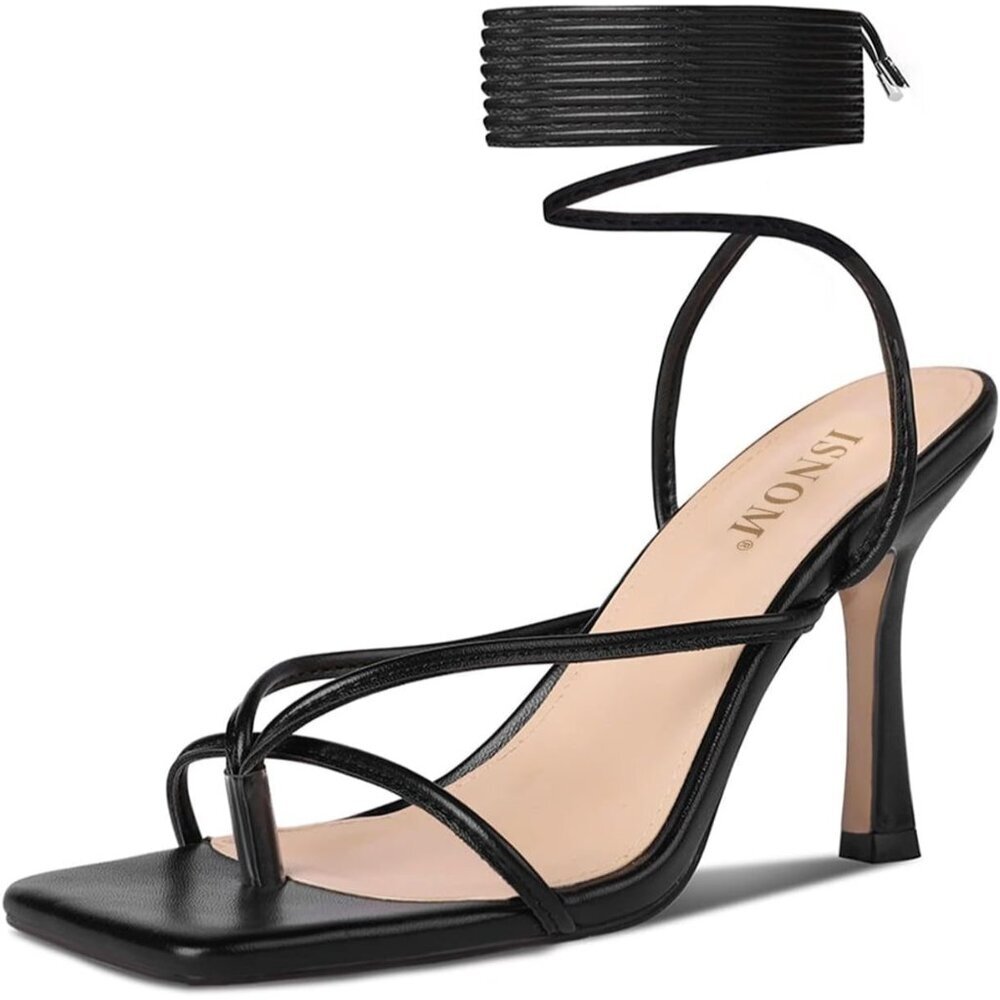 Women's Black Lace Up Square Toe Open Thong Stylish Comfortable Stiletto Heel